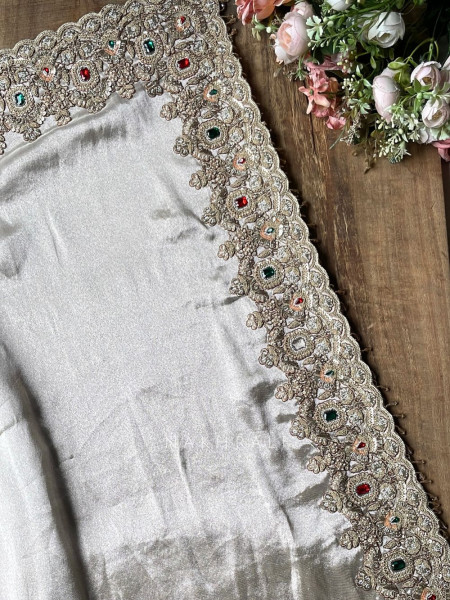 Rajvika Beige Metallic Tissue Silk Saree with Readymade Blouse