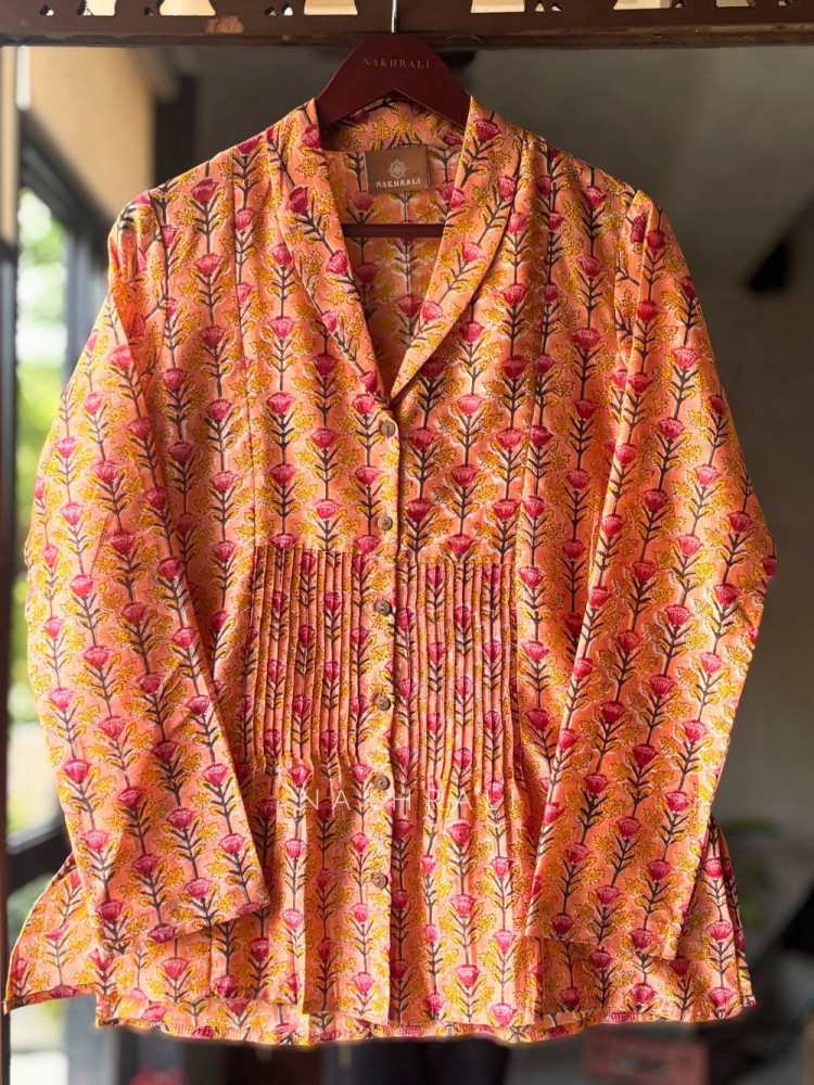 Image of Patel Peach Cotton Shirt with Floral Print