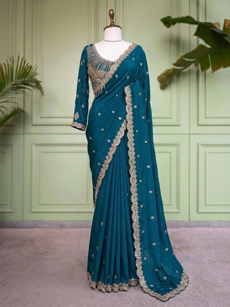 Image of Tavisha Teal Blue Saree with Readymade Blouse – Zari Cutwork Border