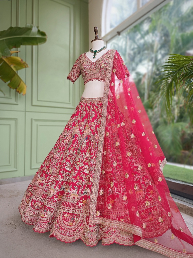 Image of Mrunalini Maroon Raw Silk Bridal Lehenga Choli With Pichwai Zari Work