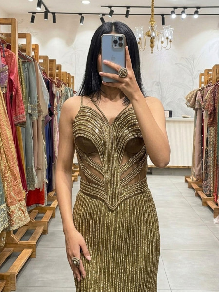 Chroma Corset Olive Gold Shimmer Indo-Western Mermaid Skirt Set