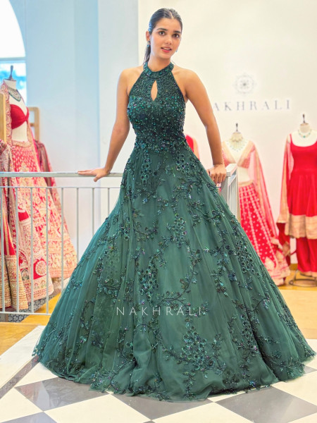 Emerald Bloom Green Gown with Sequin Embellishment