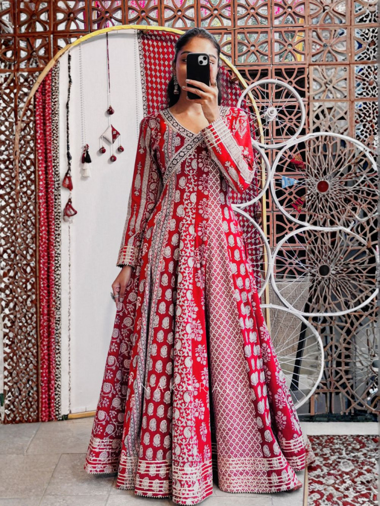 Image of Umrao Red Cotton Printed Anarkali Dress