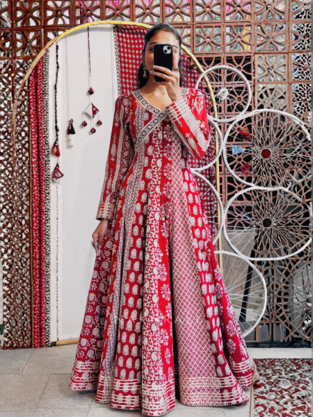 Umrao Red Cotton Printed Anarkali Dress