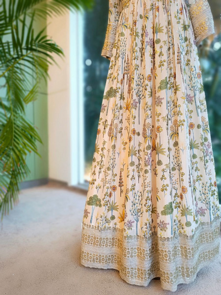 Shimmer Bloom Cream Anarkali Suit Set with Sequin and Mirror Work