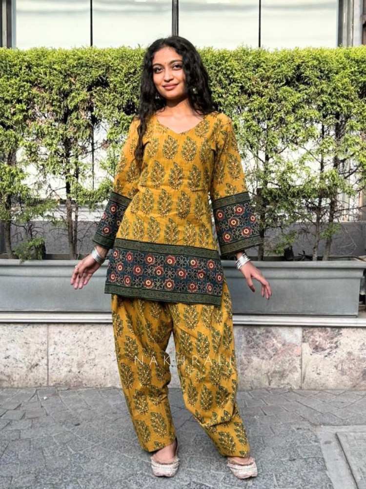 Image of Elvar Yellow Cotton Block Print Kurti with Farsi Salwar Set