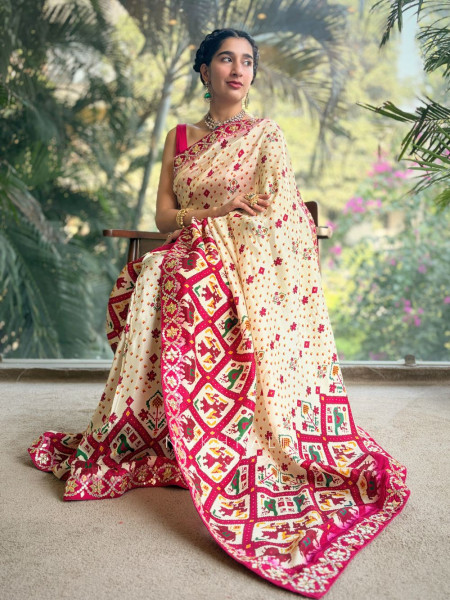 Mira Cream Silk Saree with Magenta Digital Print