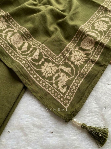 Dhaara Green Cotton Dress Material with Block Print