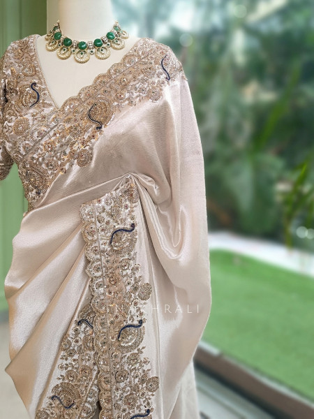 Kalika Beige Satin & Silk Satin Saree with Readymade Blouse