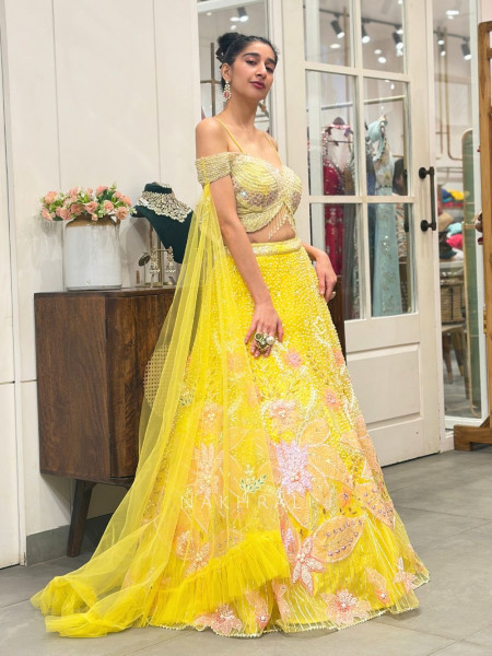 Aveline Yellow  Bridal Lehenga with Sequin & Pearl Detailing