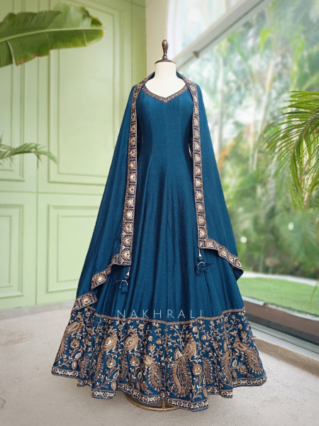 Dastaan Teal Blue Chinon Kalidar Anarkali Set