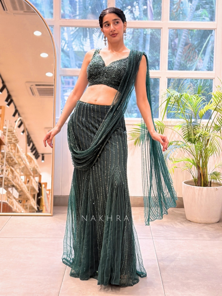 Image of Glitzy Glam Green Indo-Western Drape Saree