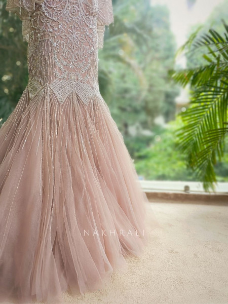 Celestia Pink Net Mermaid Gown with Sequin and Bead Work