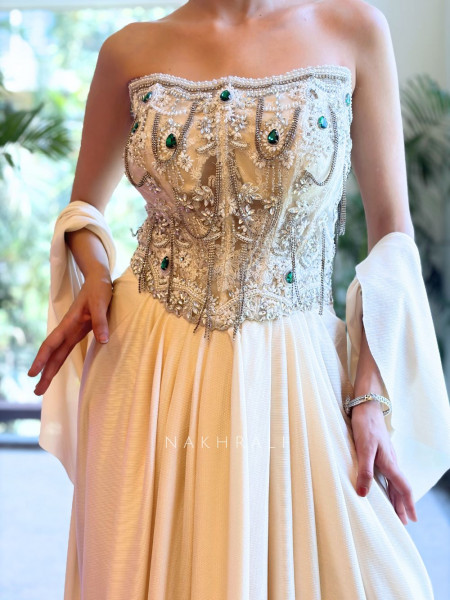 Miraya Off White Drape Indo-Western with Cut Dana Beads Stone Work