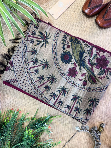 Mridang Maroon Khadi Cotton Saree with Kalamkari Print