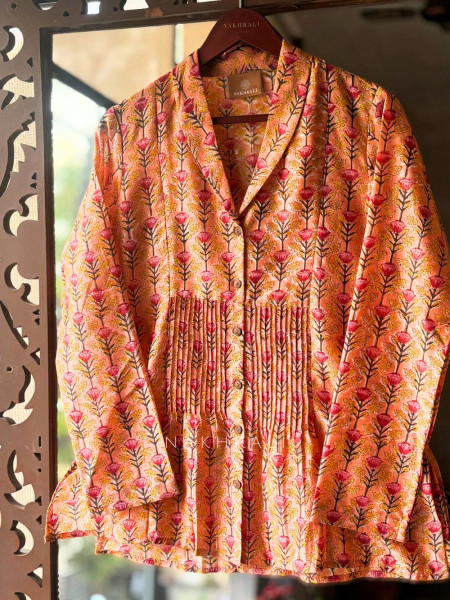 Patel Peach Cotton Shirt with Floral Print