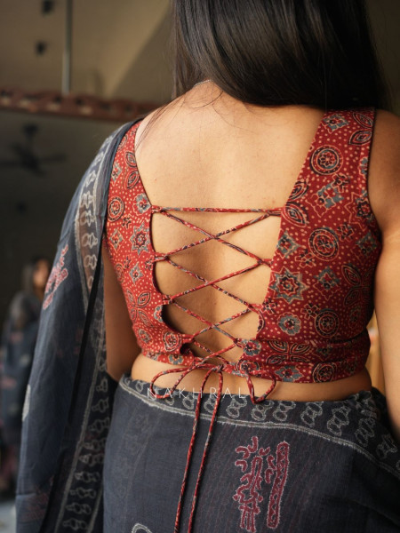 Dori Maroon Block Printed Blouse with Dori Back
