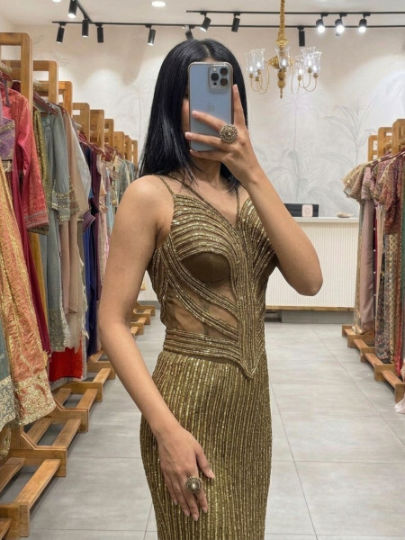 Chroma Corset Olive Gold Shimmer Indo-Western Mermaid Skirt Set