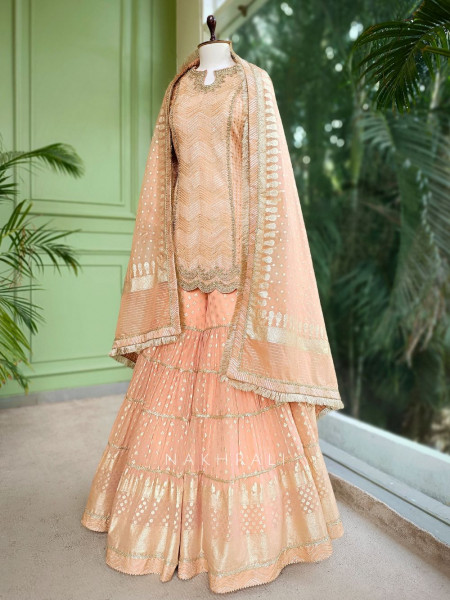 Zyra Peach Gharara Set with Sequin & Zari Embroidery