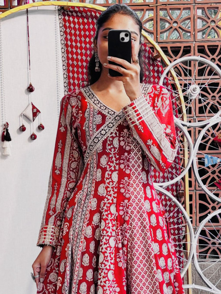 Umrao Red Cotton Printed Anarkali Dress