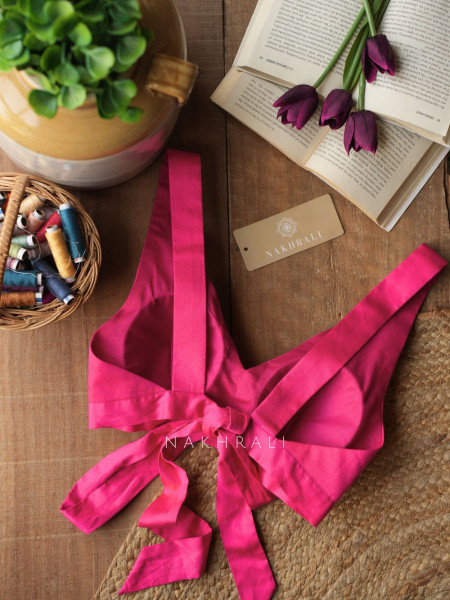 Kasak Pink Blouse with V Neck and Bow Dori Back