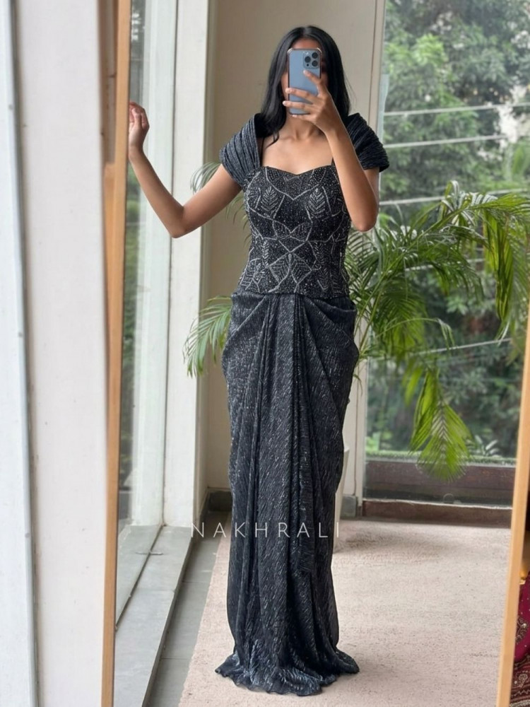 Image of Nishira Black Metallic Shimmer Lycra-Georgette Blend Indo-Western Pre-Draped Set
