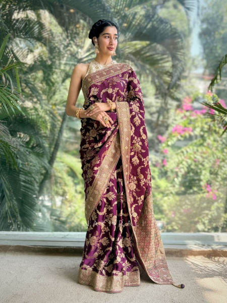 Aurelia Wine Brocade Saree with Floral Weave