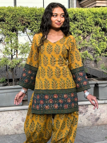 Elvar Yellow Cotton Block Print Kurti with Farsi Salwar Set