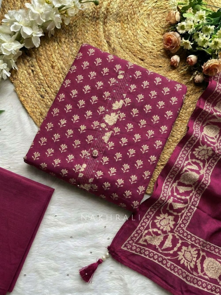 Image of Dhaara Wine Cotton Dress Material with Block Print