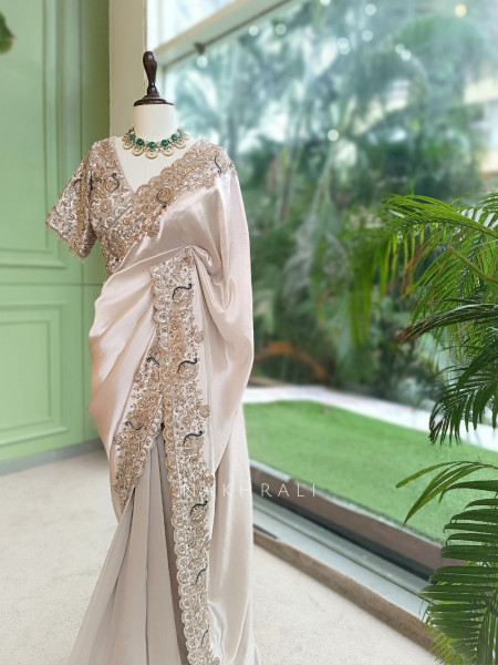 Kalika Beige Satin & Silk Satin Saree with Readymade Blouse