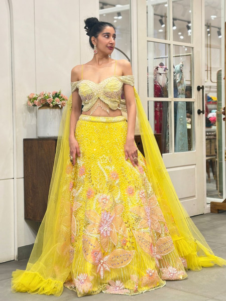 Aveline Yellow  Bridal Lehenga with Sequin & Pearl Detailing
