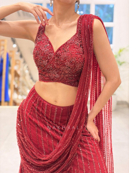 Glitzy Glam Maroon Indo-Western Drape Saree