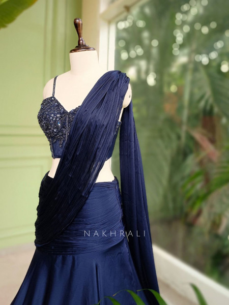 Sapphire Blue Indowestern Lehenga with Cut Dana & Sequin Work