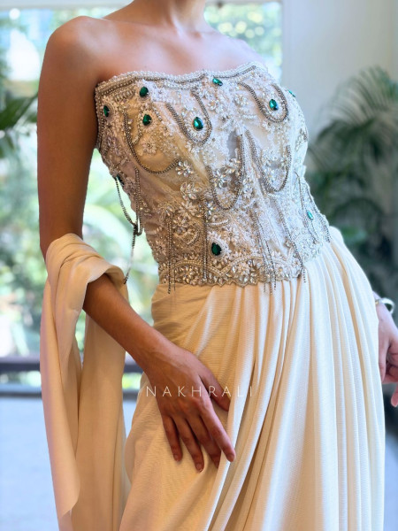 Miraya Off White Drape Indo-Western with Cut Dana Beads Stone Work