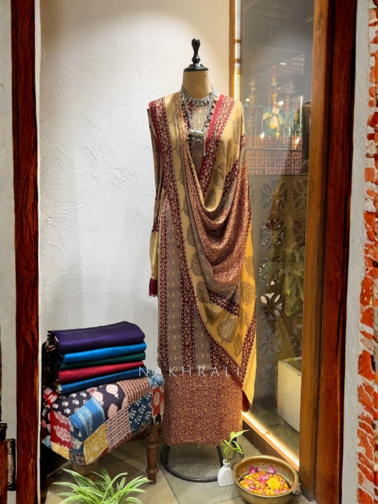 Image of Ornate Beige Cotton Dress Material With Bagh Print