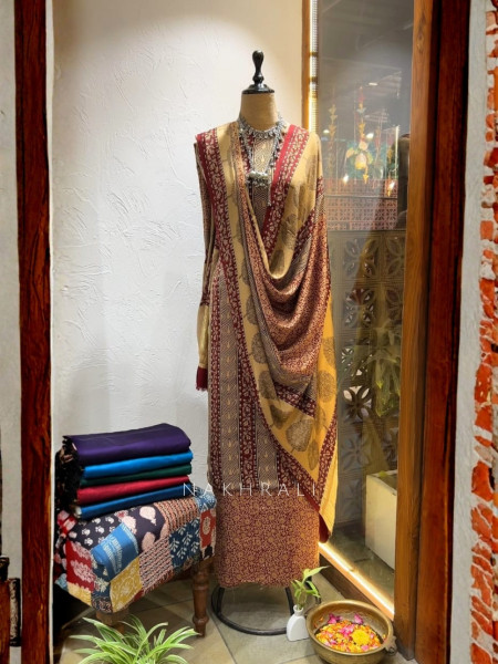 Ornate Beige Cotton Dress Material With Bagh Print