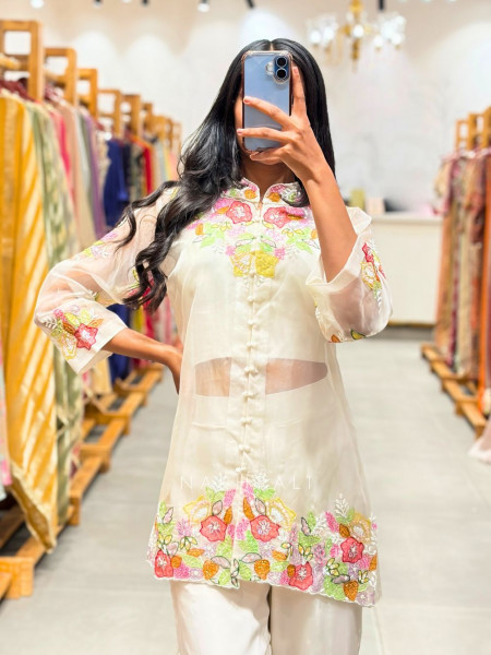 Aries Off White Indo Western Palazzo Set with Thread Embroidery