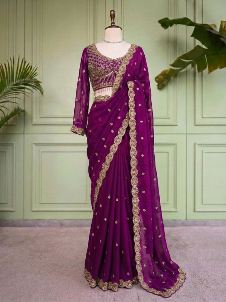 Image of Suvika Wine Saree with Readymade Blouse And Zari Scalloped Border