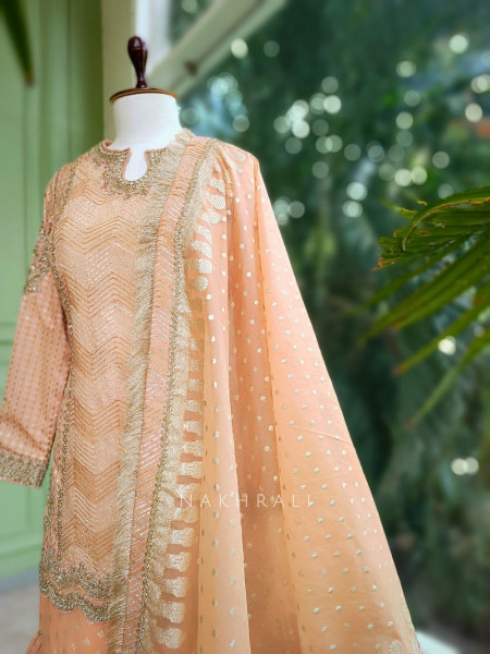 Zyra Peach Gharara Set with Sequin & Zari Embroidery