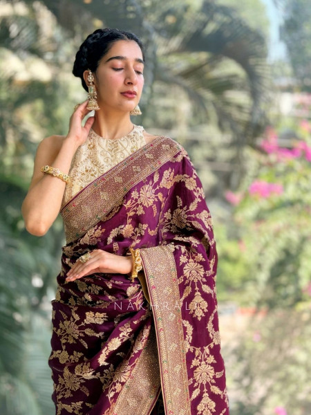 Aurelia Wine Brocade Saree with Floral Weave