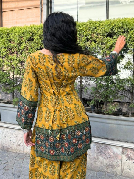 Elvar Yellow Cotton Block Print Kurti with Farsi Salwar Set