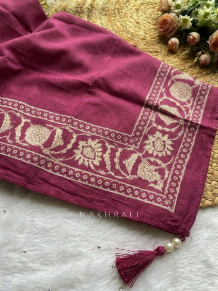 Dhaara Wine Cotton Dress Material with Block Print