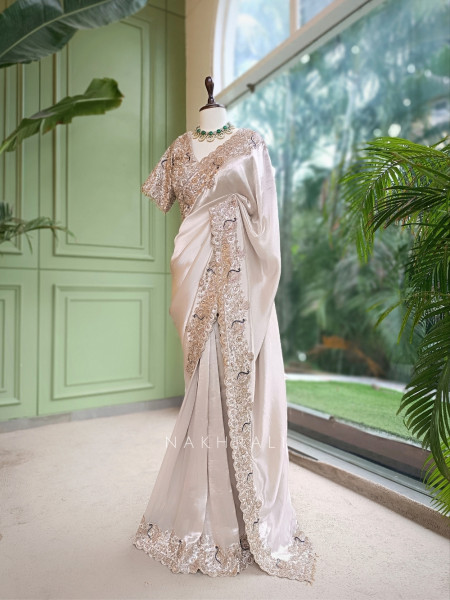 Kalika Beige Satin & Silk Satin Saree with Readymade Blouse