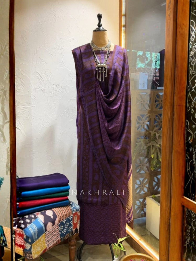 Image of Ornate Purple Cotton Dress Material With Bagh Print