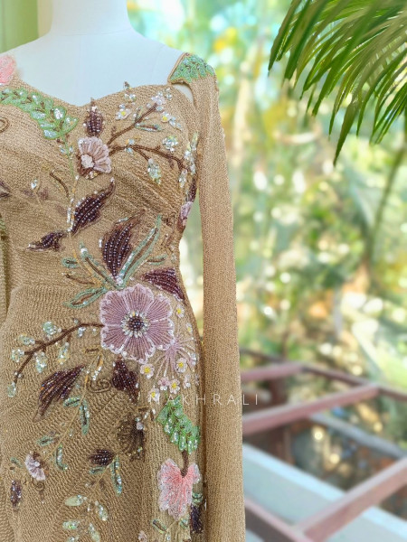 Orlina Beige Sequin Drape Gown