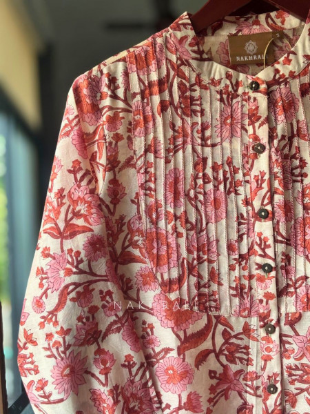 Posy Pink Cotton Shirt with Pintuck Yoke Print