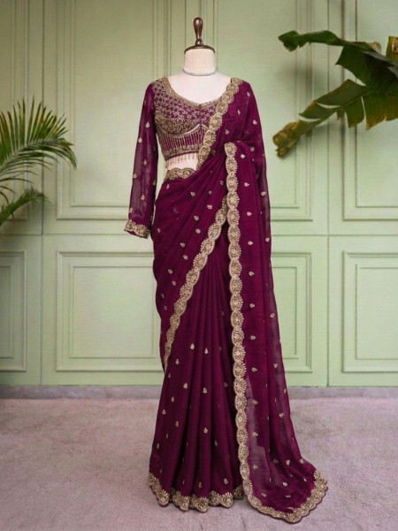 Suvika Maroon Saree with Readymade Blouse And Zari Scalloped Border