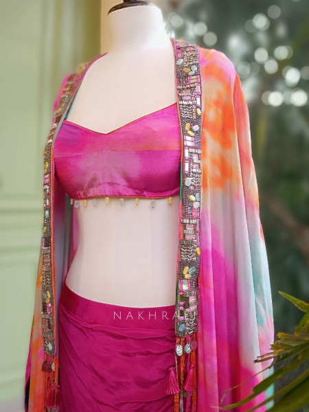 Celeste Charm Magenta Crop Top Skirt Set with Cape