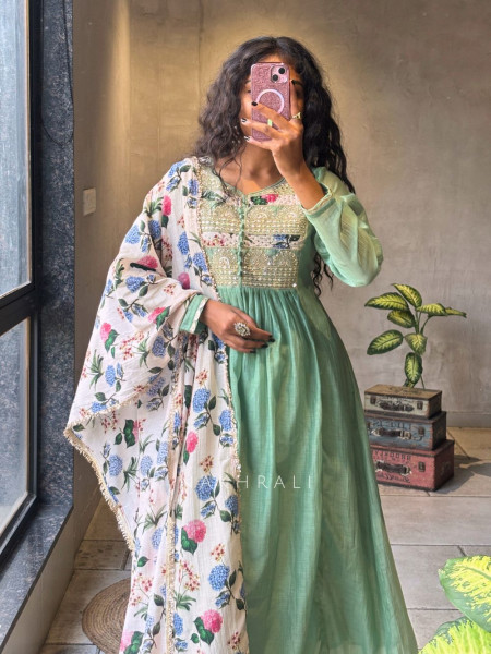 Nilora Green Anarkali Suit Set with Floral Dupatta