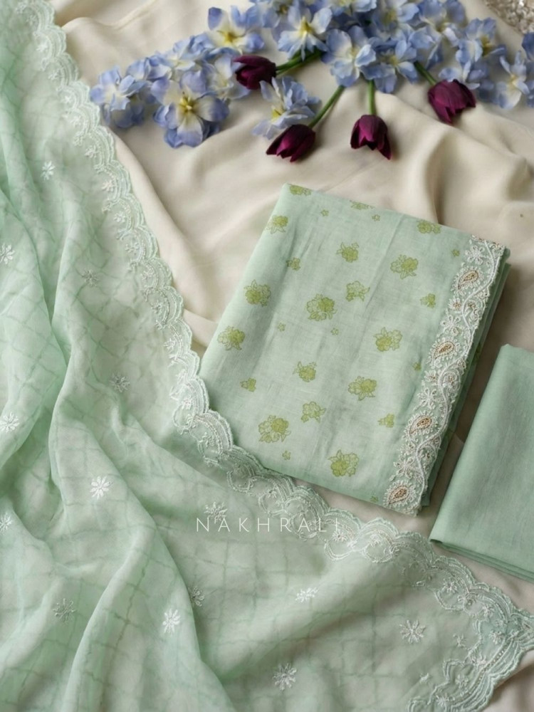 Image of Roselune Pista Green Floral Printed Dress Material with Embroidered Border
